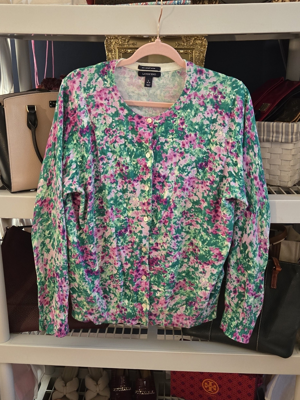 Lands' End Floral Cottage Core Button Cardigan - Purple, Pink, Green, White